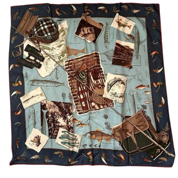 Ralph Lauren Women's Blue & Black 100% Silk Fish Print Scarf RARE fisherman - Picture 1 of 14